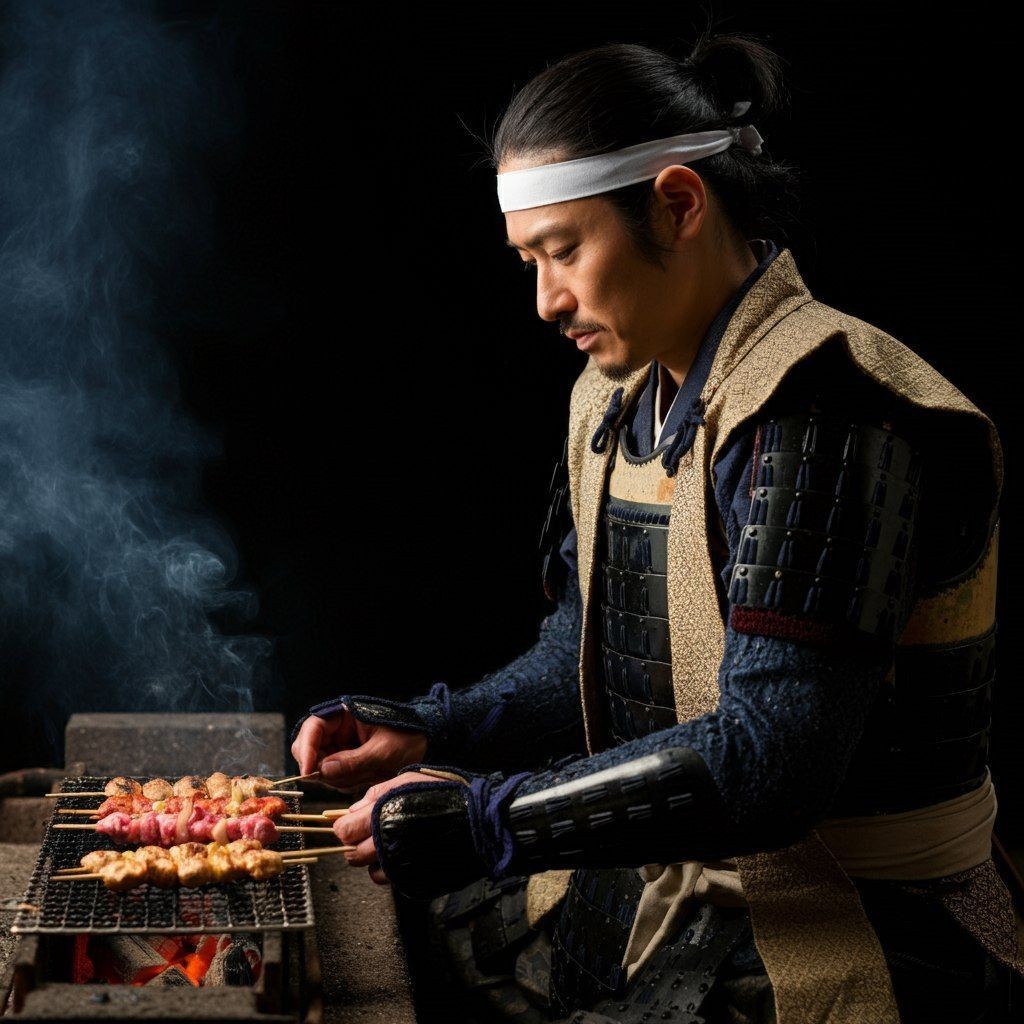 Samurai grilling skewers over an open flame, wearing traditional armor and a headband.