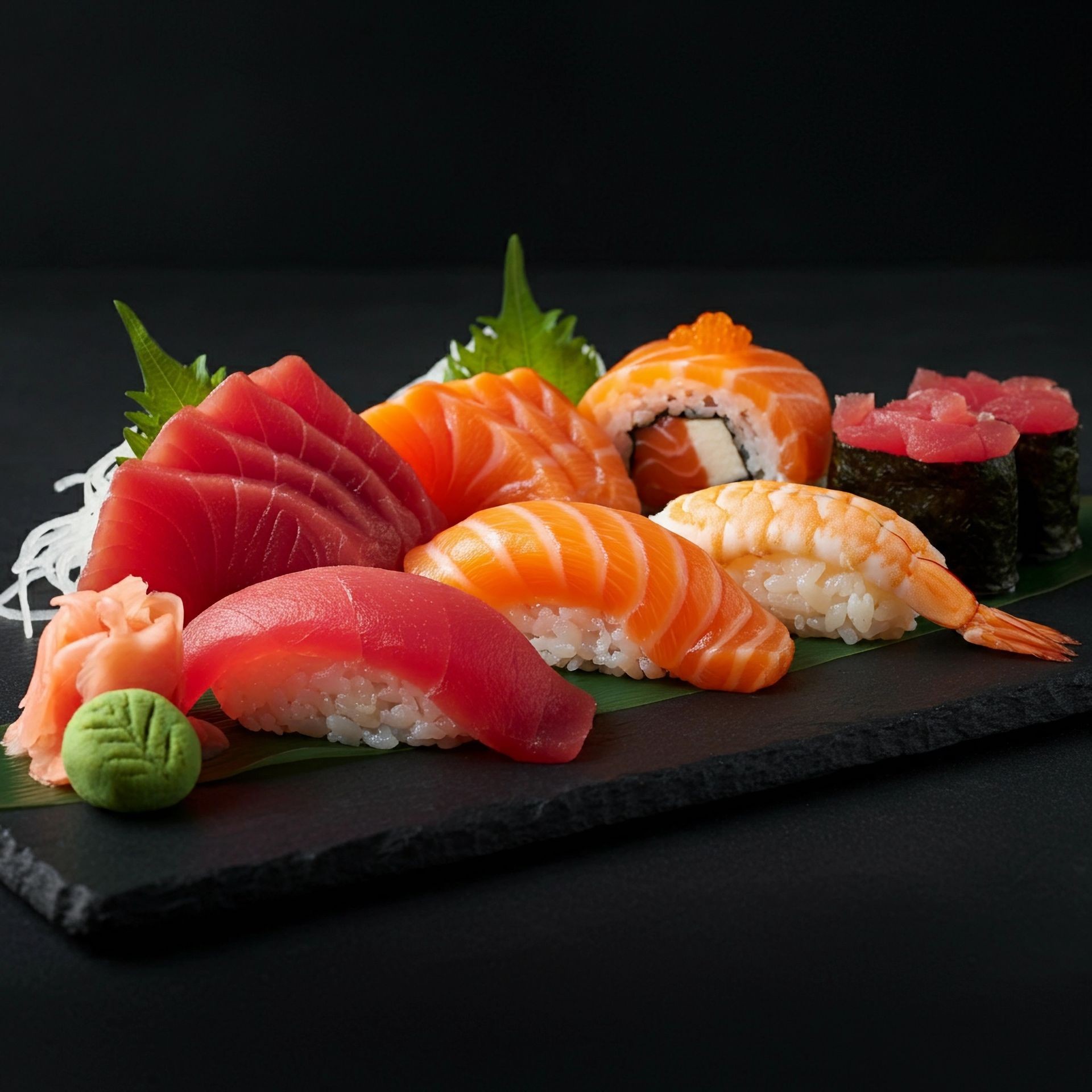 Assorted sushi platter with nigiri, sashimi, and rolls on a slate board.